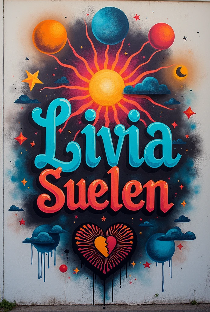 Image of graffiti with the name Livia Suelen something with sun,moonligh, Heartbroken ,mandala something more stripped down ,withouth People