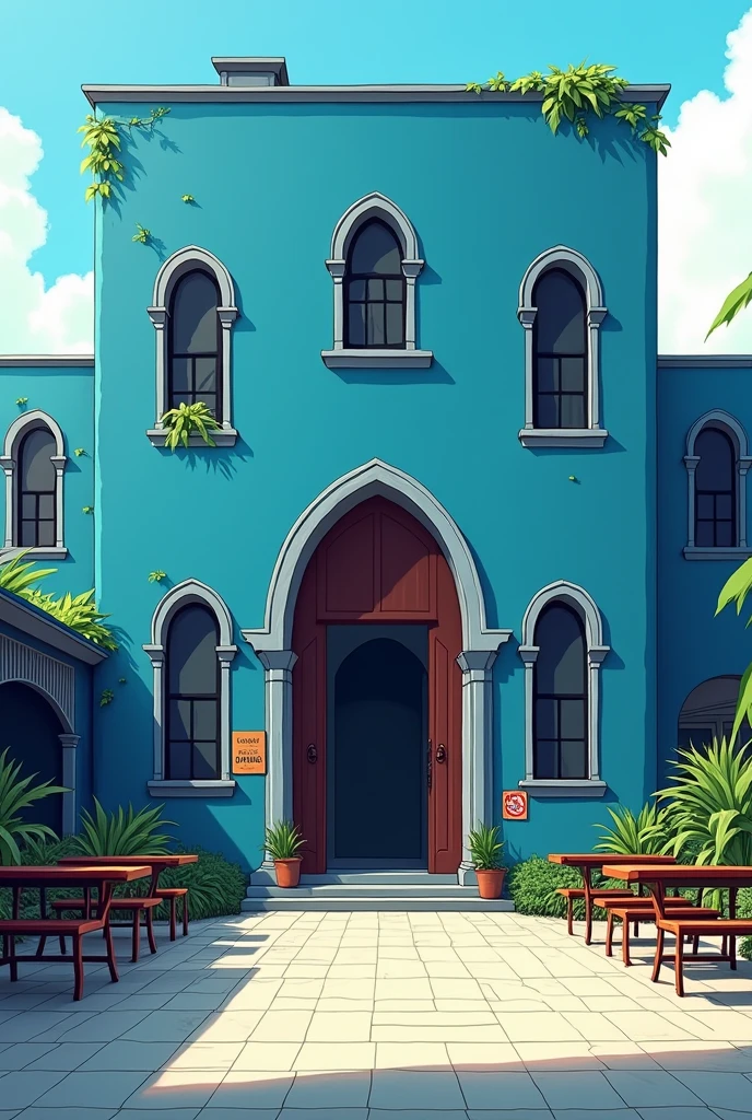 Image in architectural drawing style, unrealistic, blue and black, em 2d ,of a large and long building, beautiful rectangular, form of surplus, with 4 circular windows, casa de Events, with patio in front containing empty tables and chairs, feast no interior, with a small warning sign on the wall saying no drinks and another large sign like a blank sign for the concert venue , casa de show, feast, Events, glass doors and windows, feast acontecendo no interior 