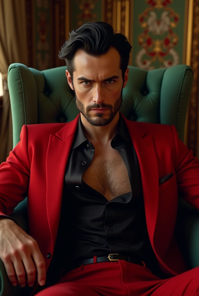 naughty man, Bblack hair, greeneyes, Pretty Face Red Suit, black necktie, Royal bedroom background, seated in a chair,