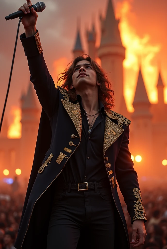 artwork best quality handsome american male teenager long brown hair light skin with closed coat with cape and black hood on head with gold details black long sleeve shirt and black pants underneath intricate details singing holding a microphone seen from afar pointing upwards at a concert with a castle on fire behind him uhq details 8k