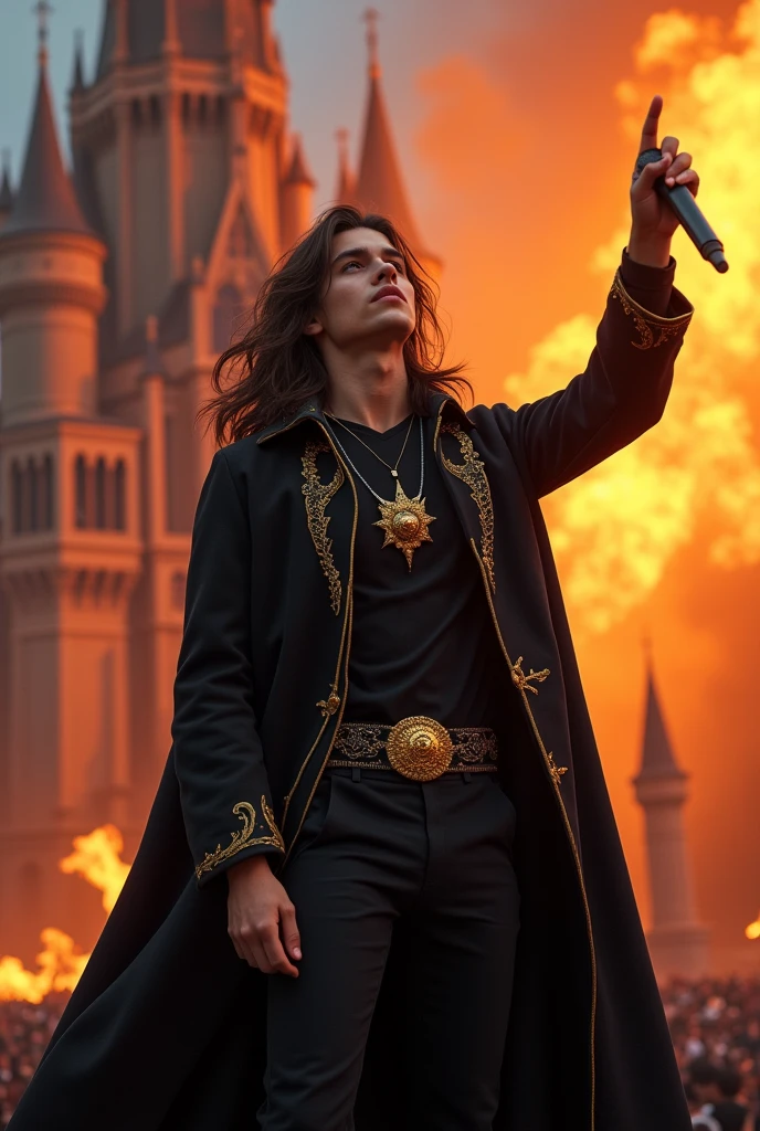 artwork best quality handsome american male teenager long brown hair light skin with closed coat with cape and black hood on head with gold details black long sleeve shirt and black pants underneath intricate details singing holding a microphone seen from afar pointing upwards at a concert with a castle on fire behind him uhq details 8k
