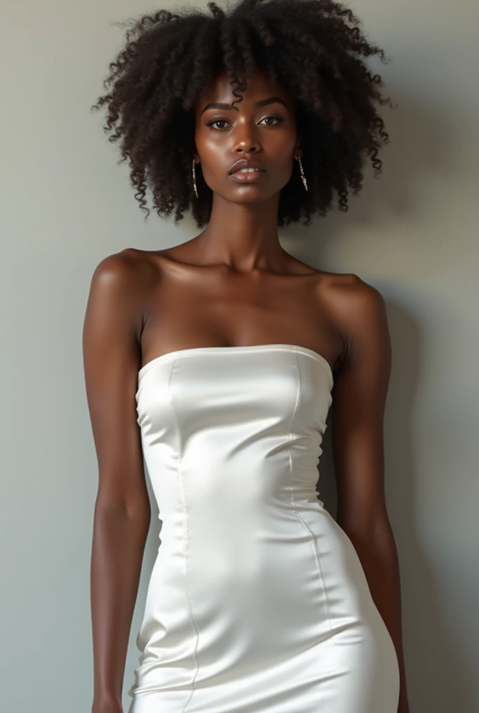 Black woman with cool skin tones, Oval face, almond shaped eyes in amber tone, 20 year, small, fleshy mouth, upturned button nose, slightly pointed ears, wears a white silk dress that hugs the curves of her body