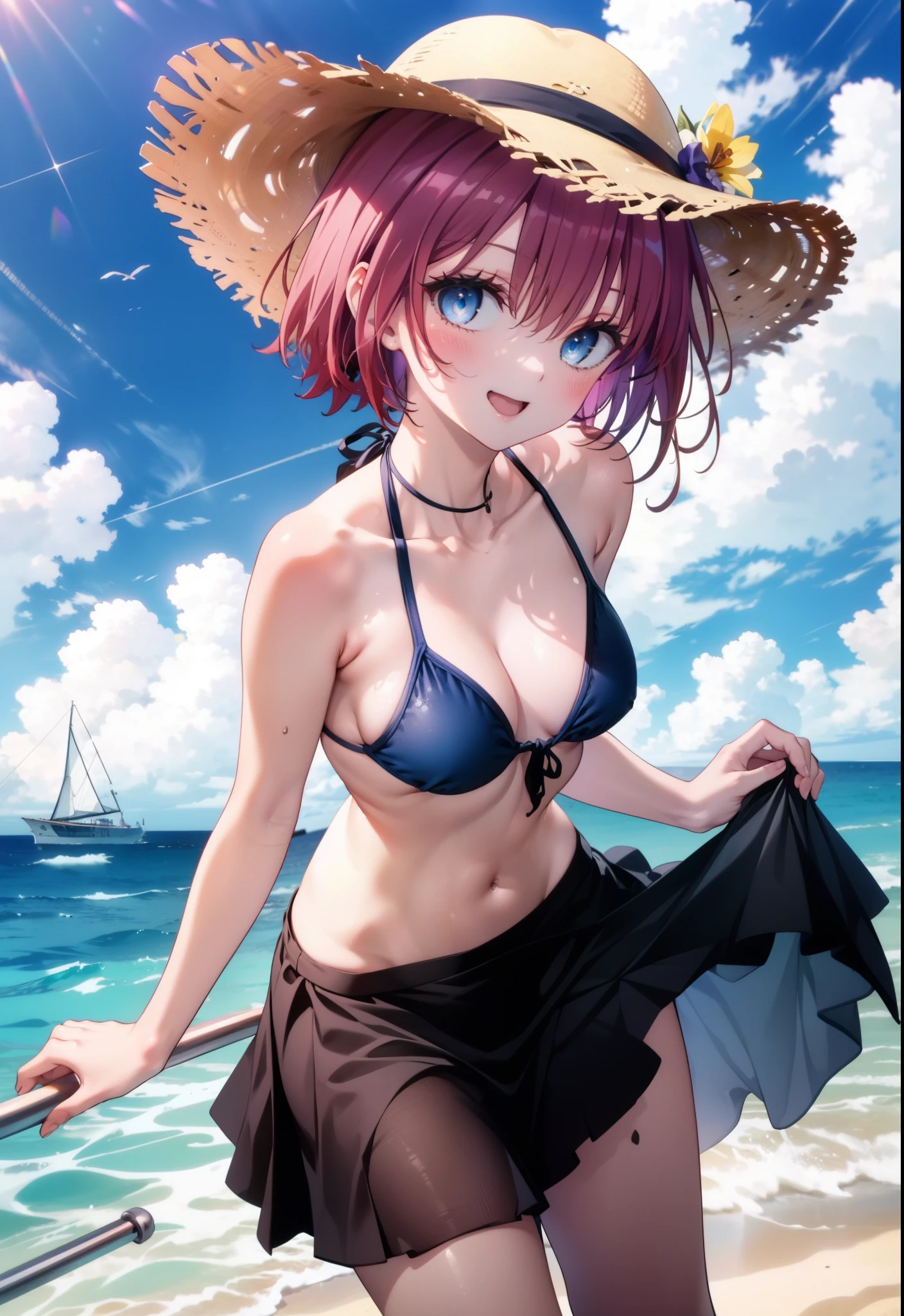 Kurosaki  mea,Redhead,Long Hair,Purple eyes,Open your mouth,smile,Straw hat,Black string bikini swimsuit,Pareo Swimsuit,Belly button,abdomen,barefoot,A thin long skirt is wrapped around her waist,Sandy Beachを散歩している,Walking,Clear skies,True Summer,Daytime,whole bodyがイラストに入るように,
break looking at viewer,whole body, 
break outdoors, Beach,Sandy Beach,
break (masterpiece:1.2), Highest quality, High resolution, unity 8K wallpaper, (shape:0.8), (Beautiful and beautiful eyes:1.6), Highly detailed face, Perfect lighting, Highly detailed CG, (Perfect hands, Perfect Anatomy),