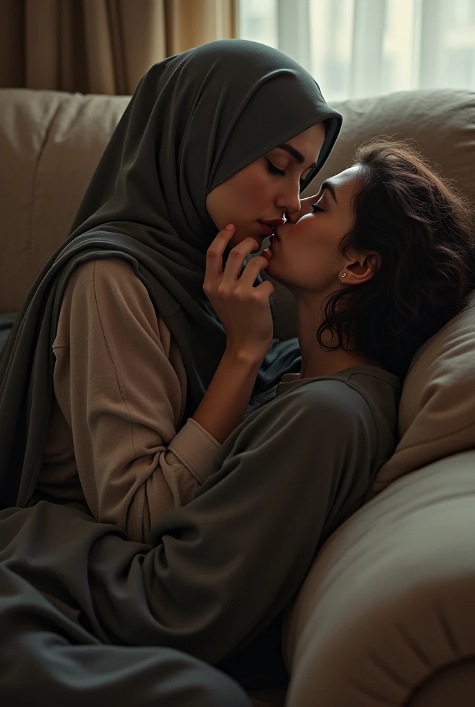 Licking the fingers of a hijab woman by another woman on the sofa