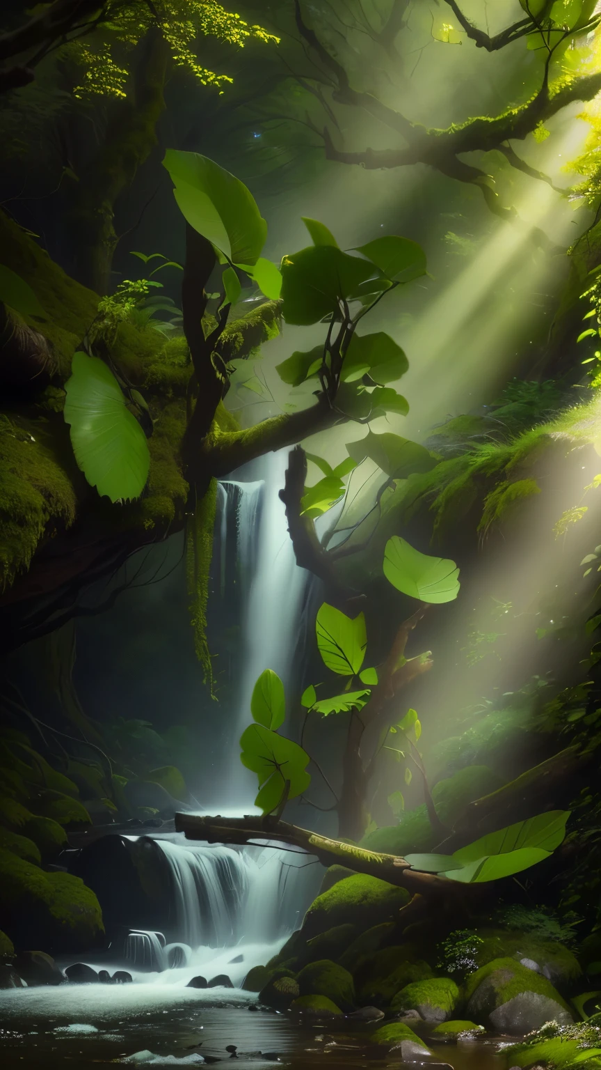 a beautiful forest landscape with lush green foliage, water droplets on leaves, mossy rocks, a serene stream flowing through the scene, bright and airy atmosphere, mist and clouds in the background, (intricate details), HDR, (highly detailed, extremely detailed:1.2), cinematic lighting, dramatic shadows, intricate textures, centered composition, masterpiece, best quality, 8K, insane details, hyper-detailed, ultra-detailed, super high-quality, extreme detail, hyperdetailed