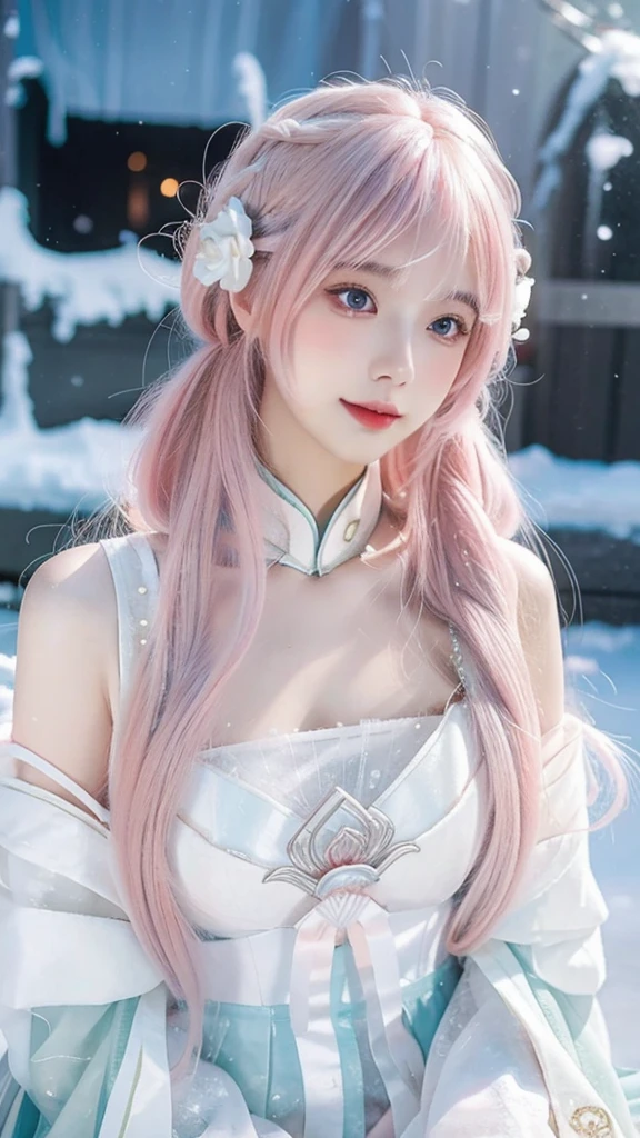 a close up of a woman with pink hair wearing a white dress, a colorized photo by Lü Ji, trending on cg society, plasticien, white hanfu, very long snow colored hair, beautiful long white hair