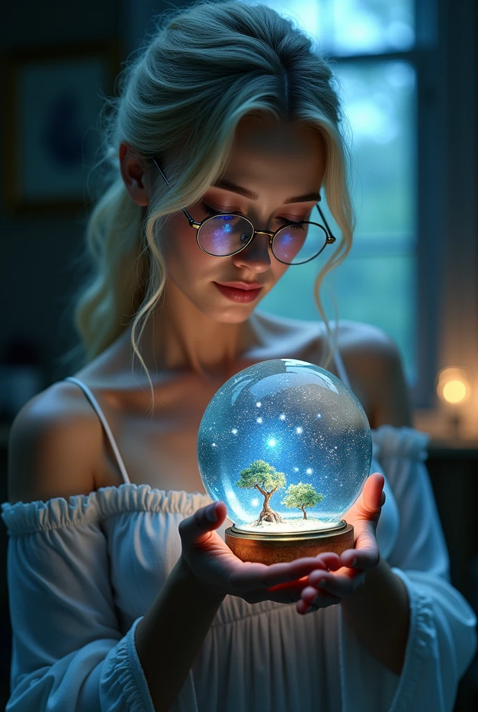 woman holding in her palms a snow globe that contains a universe inside, she is in a dark room, you can see the moonlight coming through the window, she is wearing sexy pajamas, wire frame glasses, blonde, hair held back with a ribbon,