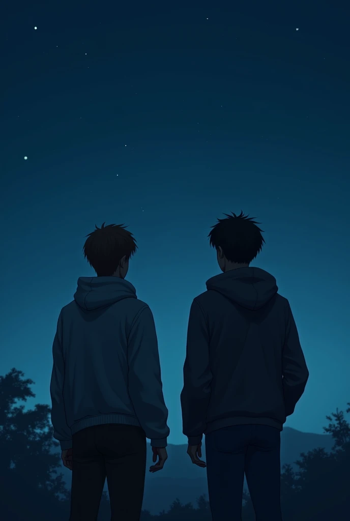 Two young men, one with black hair and the other with brown hair, that the background is midnight blue, that both have their backs turned, And they both have hoodies on. Oh, and the black-haired guy should be taller and a little muscular.. And they are sitting looking at the dark sky image in a4 format, more realistic image, Don&#39;t let their faces be seen 
