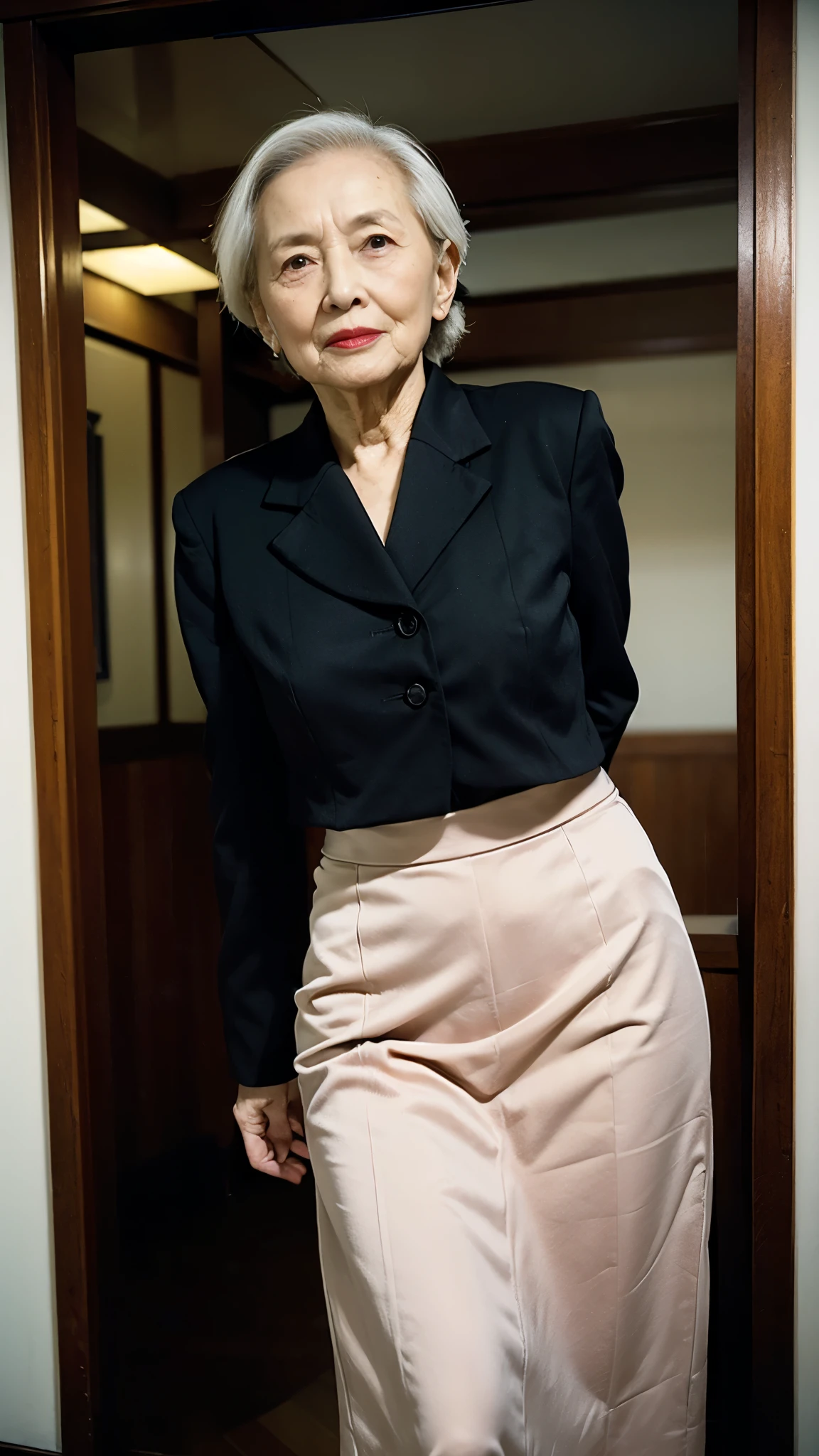 masterpiece, ((Depth of written boundary)), 32K, Beautiful finish, Medium Shot, Dutch Angle, Beautiful mature woman, 80-year-old woman, Photo of your ID, Business operator, director, View from the front, A look of resignation, Cool look, Red lips, Thin lips, suit, Tight Skirt, Light from the front,