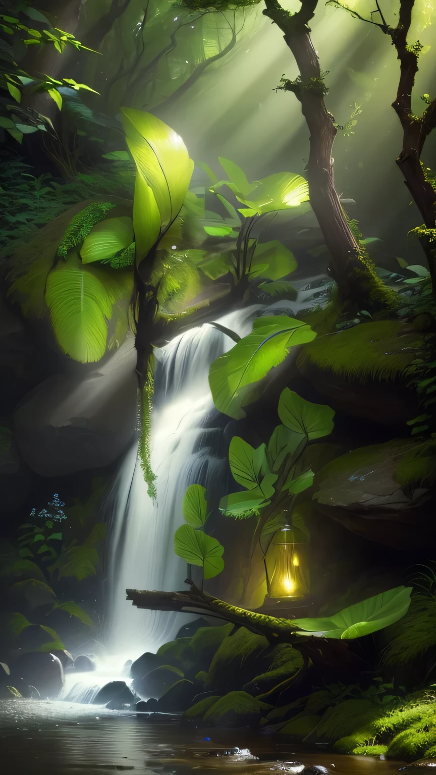 a beautiful forest landscape with lush green foliage, water droplets on leaves, mossy rocks, a serene stream flowing through the scene, bright and airy atmosphere, mist and clouds in the background, (intricate details), HDR, (highly detailed, extremely detailed:1.2), cinematic lighting, dramatic shadows, intricate textures, centered composition, masterpiece, best quality, 8K, insane details, hyper-detailed, ultra-detailed, super high-quality, extreme detail, hyperdetailed