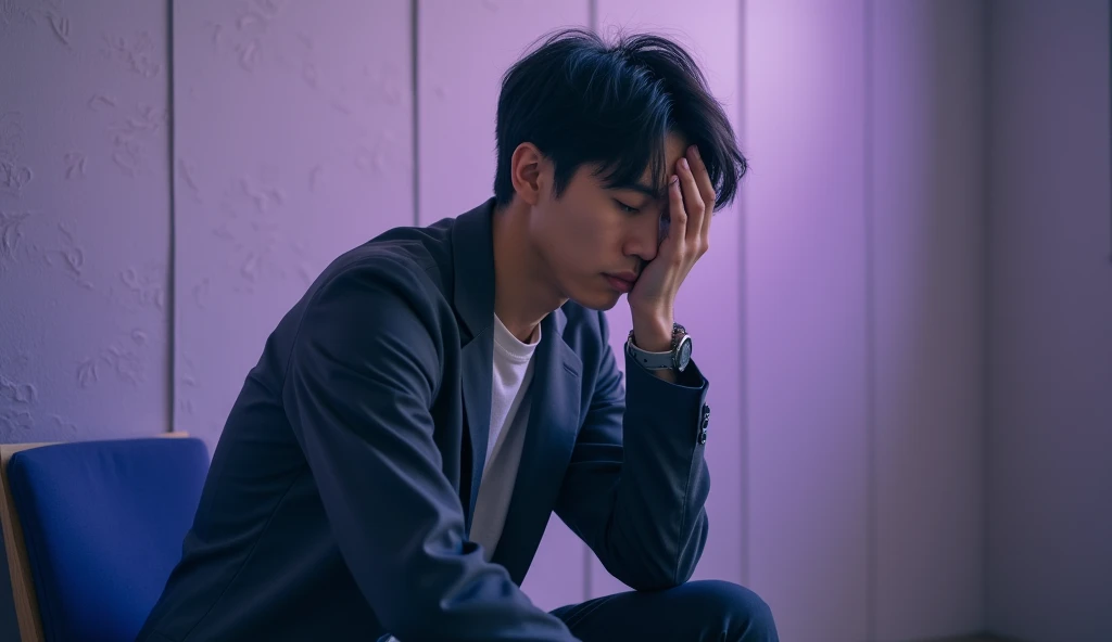 A Japanese male college student wearing fashionable clothes is sitting in a blue chair under the spotlight, holding his head and looking down with a gloomy expression, looking depressed,Excited, Photo of your face, Purple pattern background, with a natural look, With a slightly tired look, tilt your face a little, Diagonal orientation, Average face