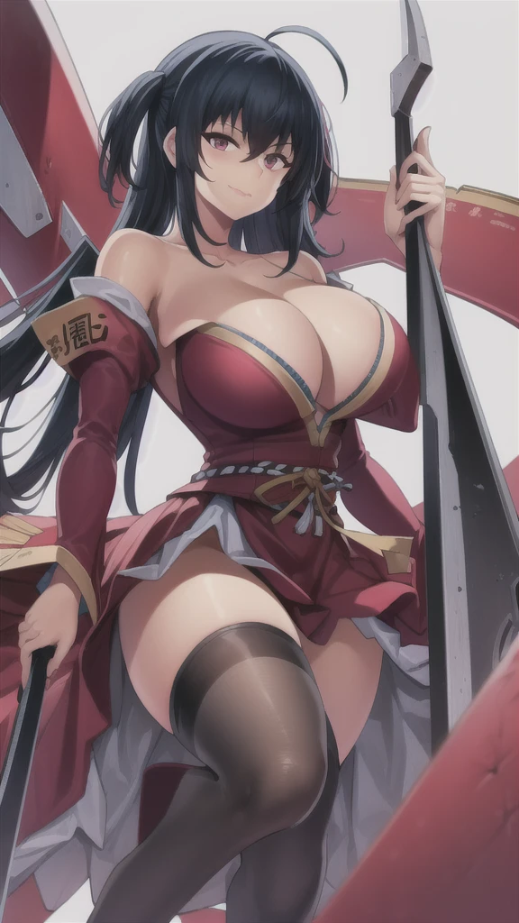 masterpiece,best quality,kim_kwang_hyun, 1girl, Taihou, taihoudefault, solo, long straight hair, huge breasts, looking at viewer, blue eyes, black hair, bangs, large huge breasts, long sleeves, dress, cleavage, closed mouth, weapon, puffy sleeves, arm up, clothing cutout, copyright name, red dress, cleavage cutout, juliet sleeves , power armor, shoulder armor, Long hair,pink eyes, smirk 