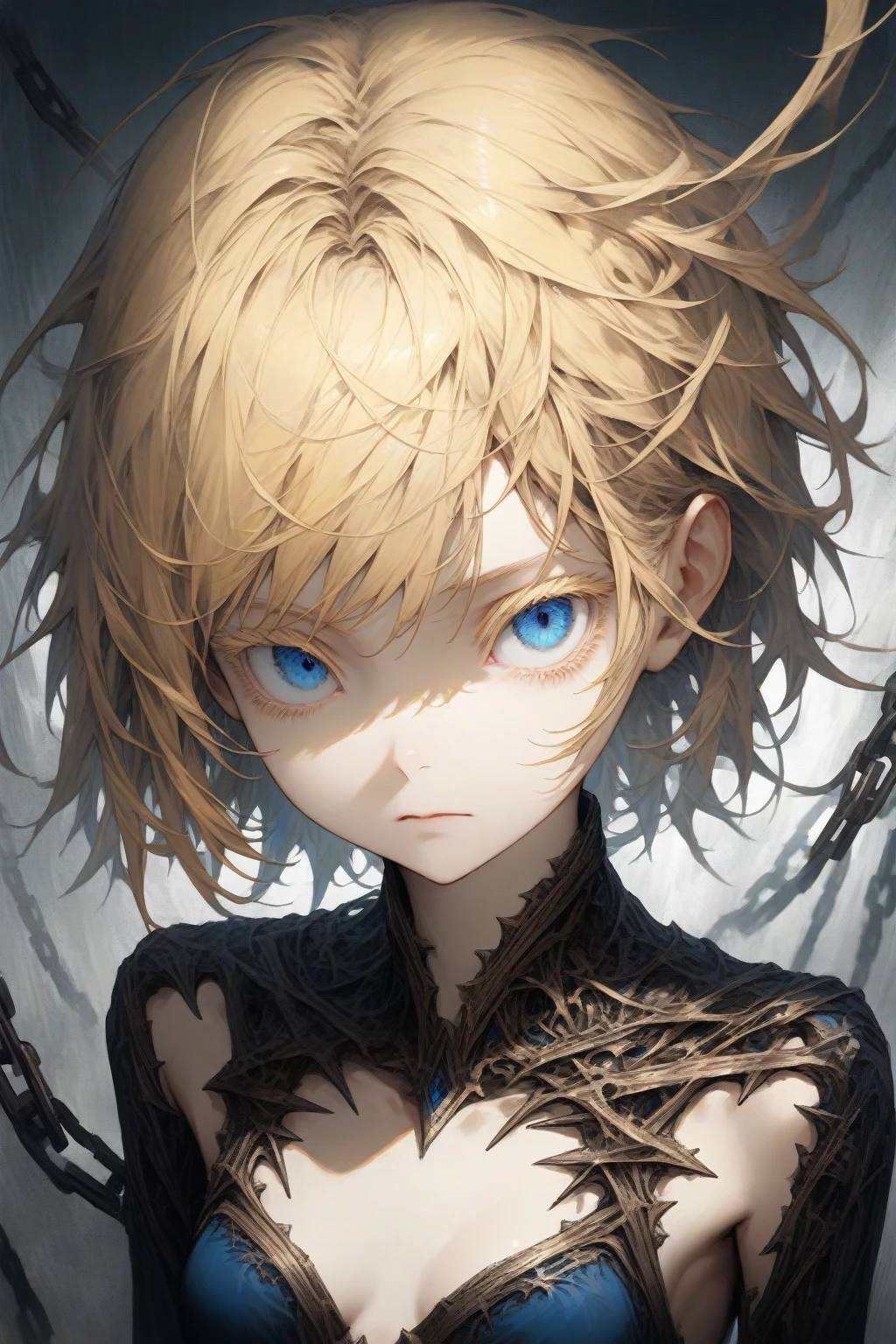 masterpiece, best quality, very aesthetic, absurdres,1girl,(hyper detailed eyes),blonde hair,short hair,[disheveled hair],colored eyelashes,blonde eyelashes,blue eyes,(sharp eyes),(slanted eyes),choppy bangs,medium breasts,slender,clear face,expressionless,slave,