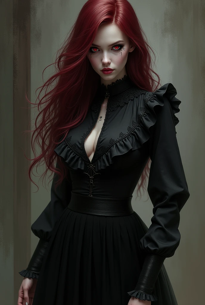  make a pale girl, with red eyes, He had long, dark red hair, a women&#39;s shirt with a high neck, Exaggerated ruffle hem and long sleeves, a short black skirt and big breasts 