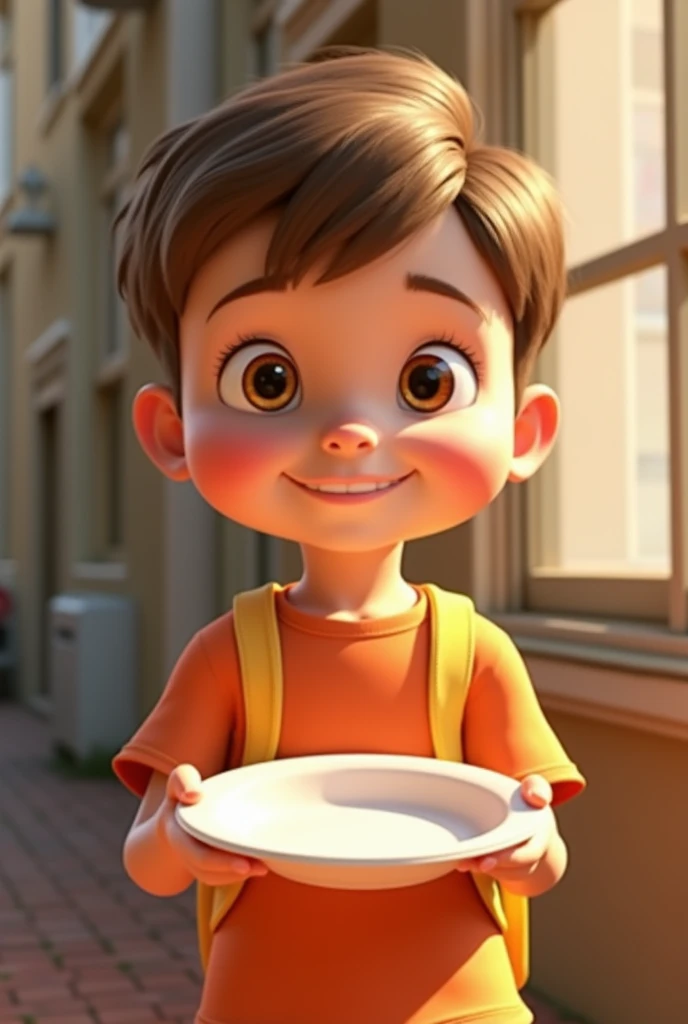 Just like the ??? in the cartoon. boy.Pixar style 3d l.Delicate symmetrical face.honey-colored eyes.Remove the plate from the image. walking on the street,wearing backpack
