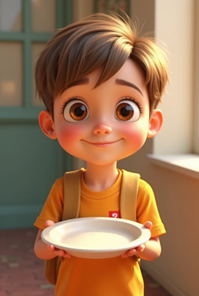 Just like the kid in the cartoon. boy.Pixar style 3d l.Delicate symmetrical face.honey-colored eyes.Remove the plate from the image.  walking on the street,wearing backpack