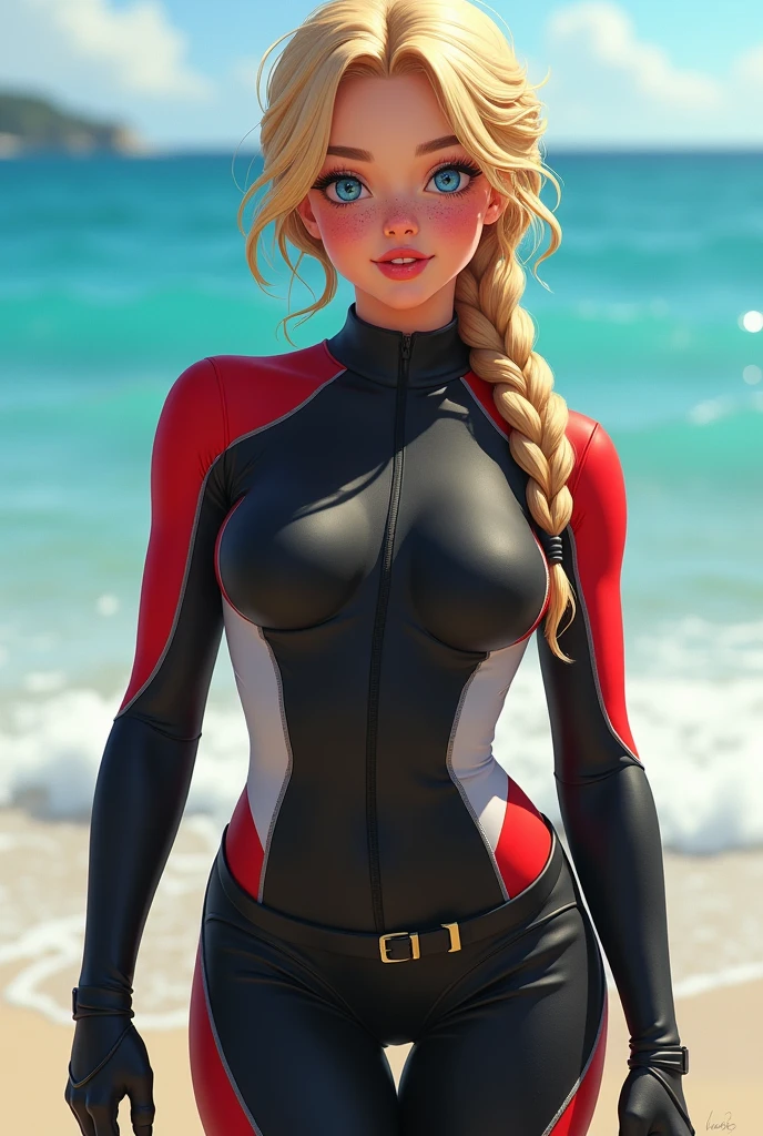 Hot tennage girl wearing black dark red and white wetsuit she has blond hair and freckles her tits are bigger she is havin scuba gear with air tank she is standing on the beach she is wearing black latex gloves her waist is slim her ass is bigger her waist is wrapped by black tight belt her suit is really thight she has dark blue eyes and her hair is tied in braids her tits are covered by suit her tits are bigger