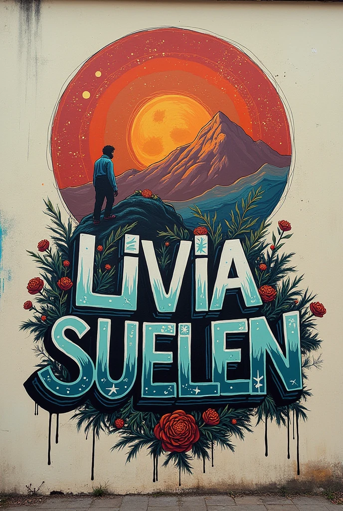Image of graffiti with the name Livia Suelen something with sun,moonligh, Heartbroken ,mandala and something more stripped down ,withouth People,more masculine
