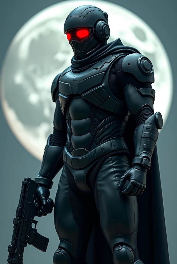 One-third of the screen full moon Wearing modern black full body armor over a black bodysuit Wearing a World War II-style military helmet with glowing red goggles MG in both hands42I have a。