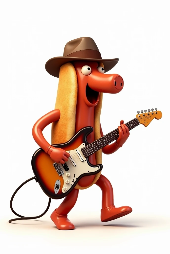 A choripán with a hat playing an electric guitar on a white background. Don&#39;t forget the bread