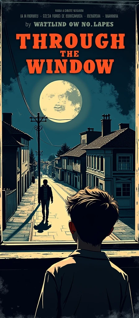 Create a vintage poster style art, old movie posters, with the title in the Portuguese language of "Through the window", by writer Thiago Lopes. It is the story of a small town that is devastated by the emergence of a werewolf., narrated from the point of view of a teenager who sees everything happening through his open window.