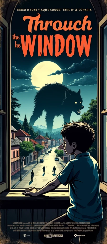 Create a vintage poster style art, old movie posters, with the title in the Portuguese language of "Through the window", by writer Thiago Lopes. It is the story of a small town that is devastated by the emergence of a werewolf., narrated from the point of view of a ager who sees everything happening through his open window.