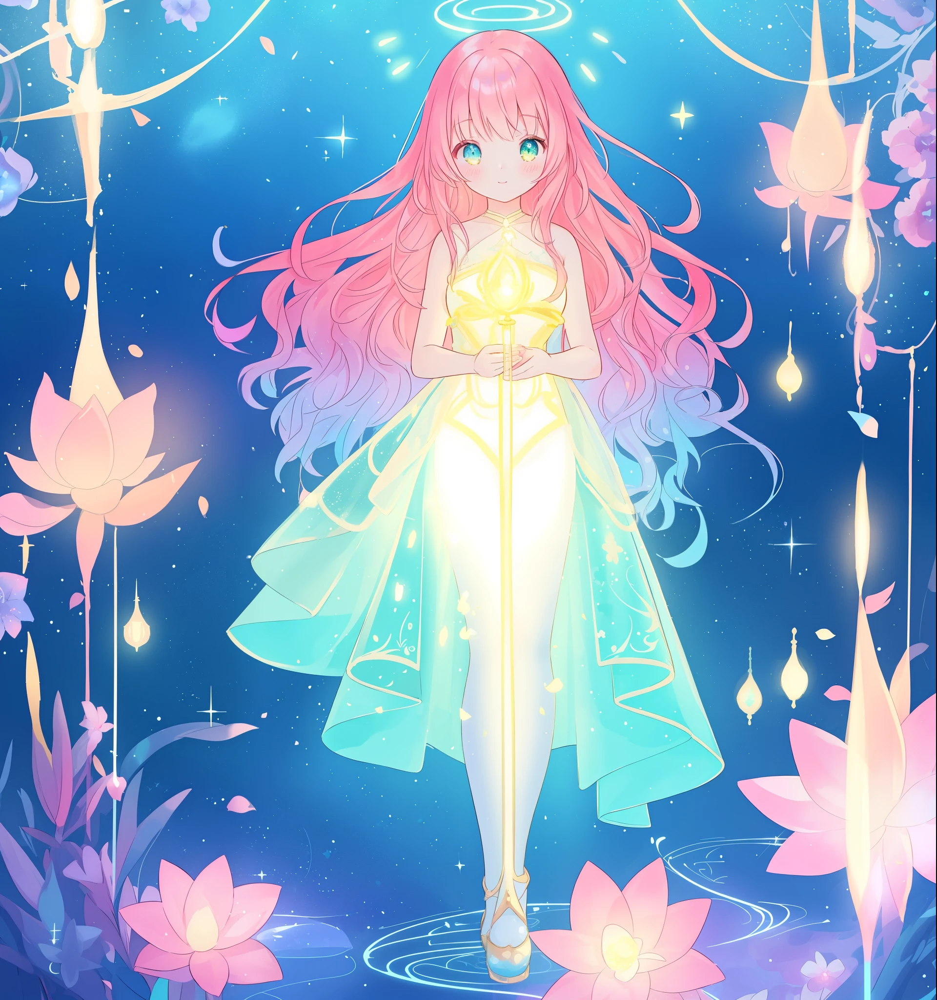 beautiful anime girl in flowing layered ballgown, vibrant pastel colors, (colorful), magical lights, magical flowers, flowers, glowing lights, red pink long wavy hair, sparkling lines of light, inspired by Glen Keane, inspired by Lois van Baarle, disney art style, by Lois van Baarle, glowing aura around her, by Glen Keane, jen bartel, glowing lights! digital painting, flowing glowing hair, glowing flowing hair, beautiful digital illustration, fantasia background, whimsical, magical, fantasy, beautiful face, ((masterpiece, best quality)), intricate details, highly detailed, sharp focus, 8k resolution, sparkling detailed eyes, liquid watercolor