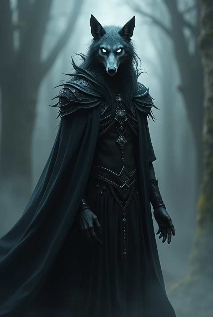 Create a Shadow Wolf image with an angular, skeletal face, bright silver or pale blue eyes, and pale skin with a dark gray undertone and ethereal glow. He should have dark, flowing hair that blends into the shadows. Dress him in a long, light-absorbing garment, predominantly black with dark grey, and a fluid cape that seems to blend into the shadows. Add subtle markings or ancient symbols to the costume and skin.