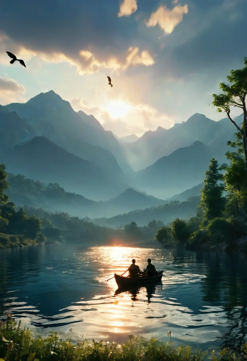 A fisherman fishing with a rod in a beautiful lake, birds flying around, Dawn lighting, sun rising on the horizon, Mountains in the background, magical summer scene, tranquillity, peace, (Best Quality,4k,8k,High resolution,masterpiece:1.2),ultra detailed,(realist,photorealist,photo-realist:1.37),impressive lake landscape,serene atmosphere,warm golden hour lighting,Dramatic sky with clouds,detailed fishing boat,intricate shapes of birds,lush green foliage,Towering mountain peaks,Golden sun rays,Reflective surface of the lake,soothing water waves,picturesque view,idyllic summer day