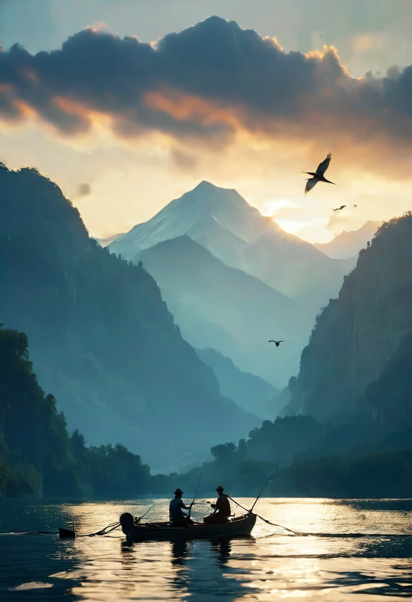 A fisherman fishing with a rod in a beautiful lake, birds flying around, Dawn lighting, sun rising on the horizon, Mountains in the background, magical summer scene, tranquillity, peace, (Best Quality,4k,8k,High resolution,masterpiece:1.2),ultra detailed,(realist,photorealist,photo-realist:1.37),impressive lake landscape,serene atmosphere,warm golden hour lighting,Dramatic sky with clouds,detailed fishing boat,intricate shapes of birds,lush green foliage,Towering mountain peaks,Golden sun rays,Reflective surface of the lake,soothing water waves,picturesque view,idyllic summer day