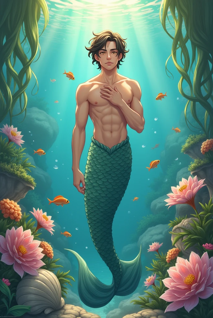 merman anime fantasy shy handsome water golden eyes blush shell flowers