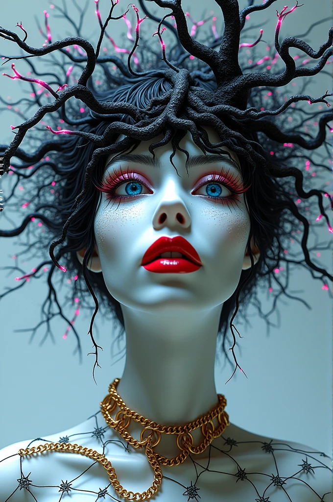 digital art, fractal surrealism, perspective from far below the side, beautiful white female mannequin with red lips, blue iris, LED, above the head is a black bonsai tree whose roots spread to the face, there is an artistic gold chain necklace accessory around her neck, scroll background artistic black pink violet barbed wire. ratio 9.16