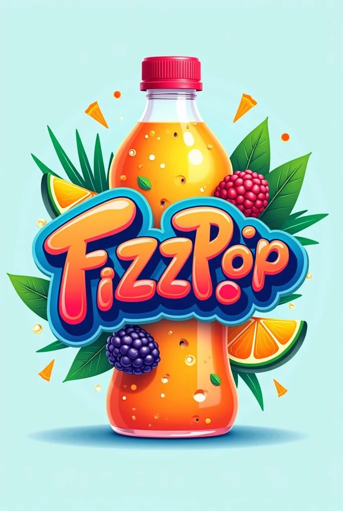 MAKE ME A LOGO FOR A SODA CALLED FIZZPOP THAT IS ORANGE IN COLOR, blue, purple and reddish , with fruits like mango blackberry, orange, Now make the bottle and a can as a presentation