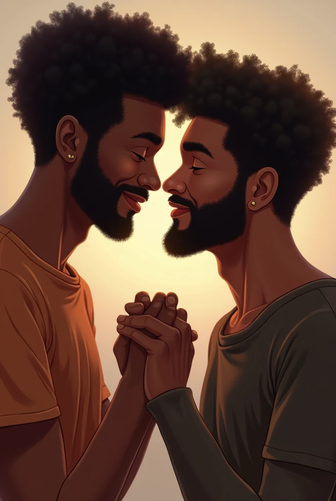 Two men holding hands looking at each other face to face, cheesy, dark skinned, one with afro hair and the other straight, both are dark skinned, Give the second more hair