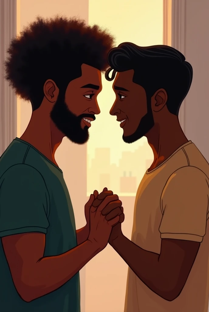 Two men holding hands looking at each other face to face, cheesy, dark skinned, one with afro hair and the other straight, both are dark skinned, Give the second more hair 
