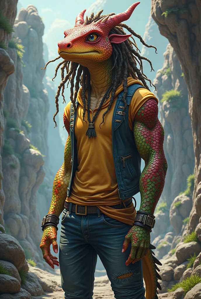 A colored dragonborn , with dreadlocks on the head, age 17 years
