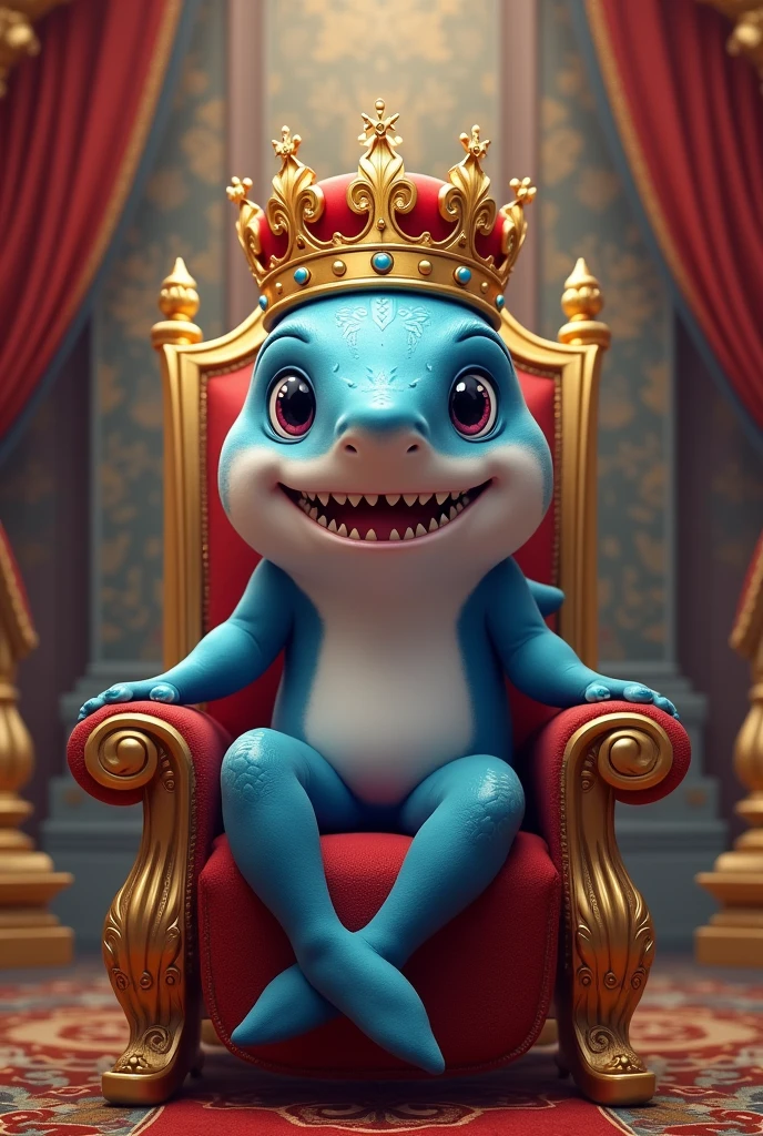 A cute shark with the king's crown sitting on the throne