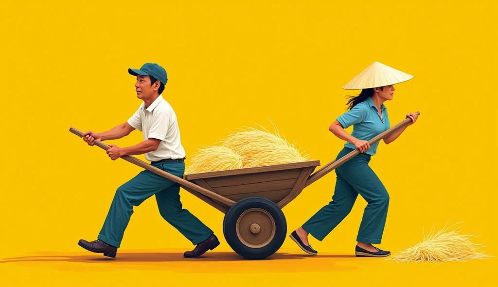 a vietnamese man pulling a cart full of rice, a vietnamese woman pushing behind on a yellow background, in the style of rainbowcore, canvas texture emphasis, paintings, realist detail, flat form