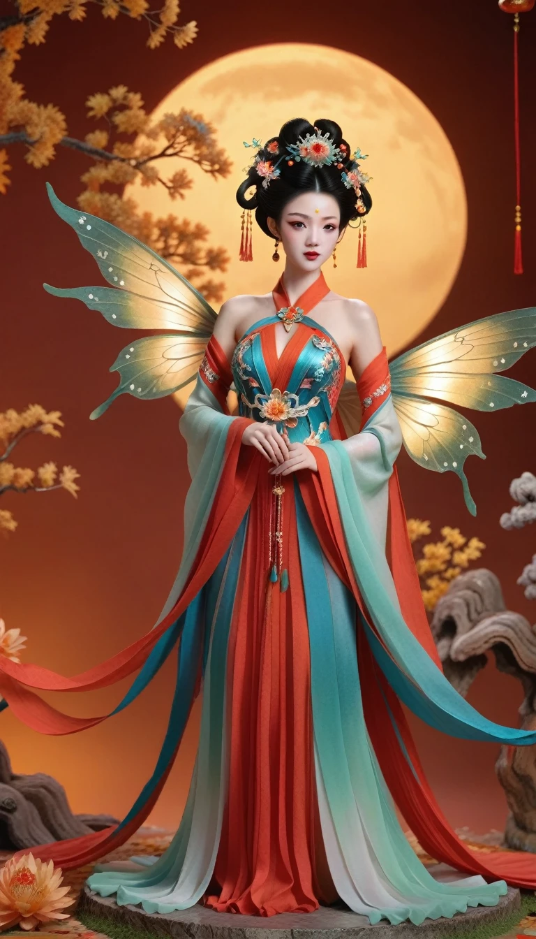 Three-dimensional ancient style，Vibrant Chinese Aesthetics，Elegant ancient Chinese fairy，Chang&#39;e，Mooncake in hand，Moon Rabbit，Starry Sky，osmanthus tree，A woman in a gorgeous rainbow Hanfu dress stands on a cliff and looks up at the starry sky，Beautiful facial features，(whole body:1.4)，Vibrant colors，Sparkling clothing，Embraces Flashing Stone Texture，Crystal shoes，iridescent gradient fluorescent ribbons，Exquisite，Light Wave，Tradition，Exquisite，Perfect composition，Ultra HD，Crescent earrings，Raise your eyebrows，Jade Phoenix Branch，Forehead Gem，(Look directly at the audience:15)，((((Facing the audience))))，((((Phoenix crown and bridal robe))))，(((Ancient Chinese palace looming in the clouds in the distance)))，Space，Galaxy，Heavenly Goddess，Astral，dream，Beautiful celestial spirit，Beautiful fantasy paintings，Beautiful fantasy art，Ethereal fantasy，Very beautiful fantasy art，Digital Art Fantasy，Enchanting and otherworldly，Fantastical beauty，Octane uhd 8K渲染的精美艺术，Volumetric Light，Natural soft light，(Ultra-fine:1.2，Bright colors，Movie Lighting，Chiaroscuro，Ray Tracing，Surrealism，uhd，masterpiece，precise，Anatomically correct，Textured Skin，Super Detail，8k)
