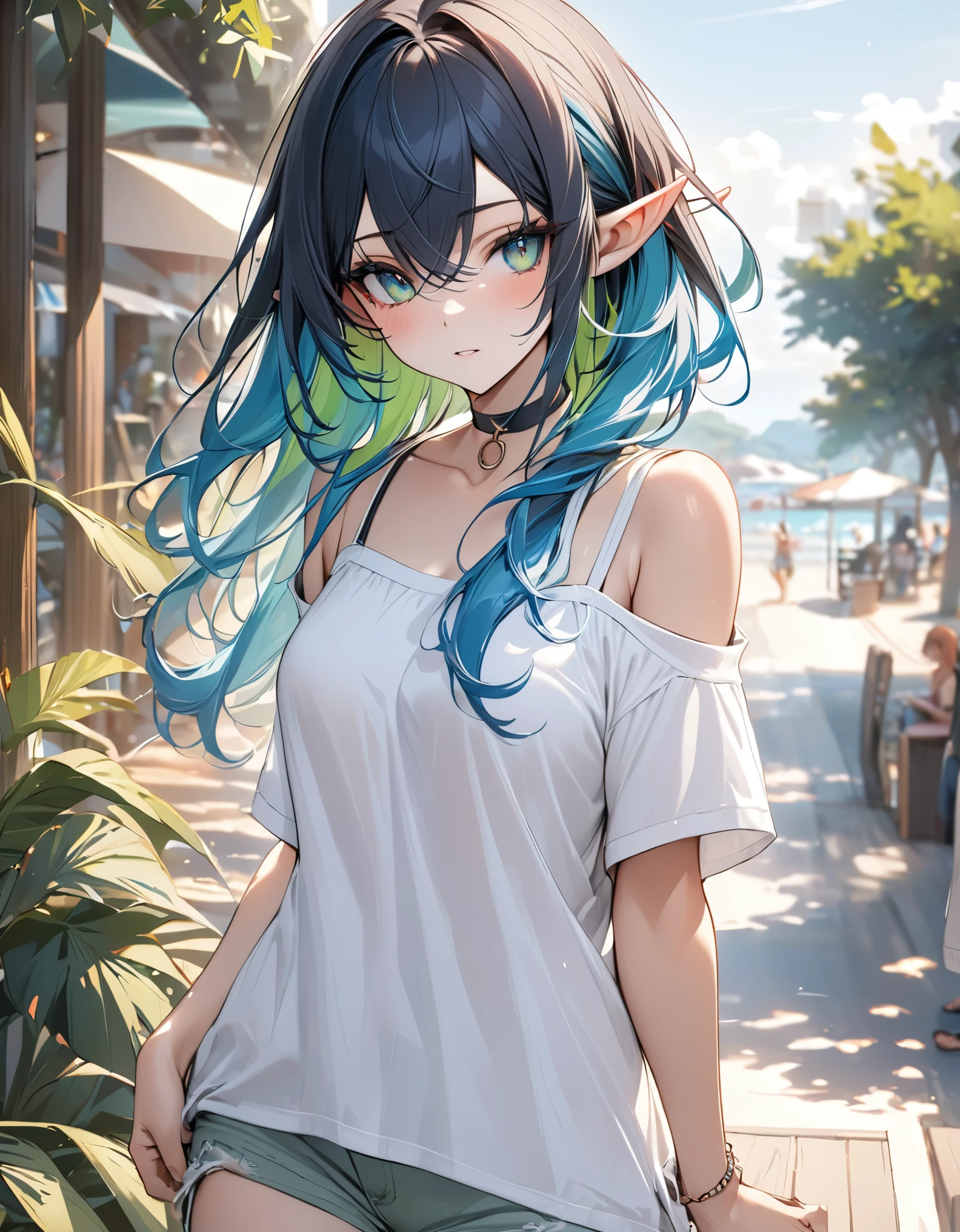 ((masterpiece)), ((best quality)), perfect detailed eyes, perfect detailed face, multicolored hair, colored inner hair, black hair, red hair, blue hair, green hair, elf, long pointy ears, Casual clothes, summer clothes, choker