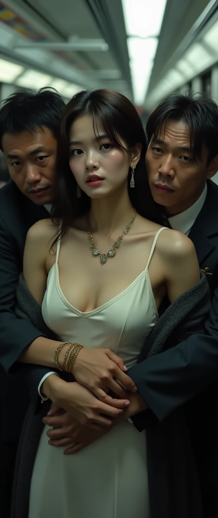 (32K:1.9, Horror depictions:1.9, Highest quality, masterpiece, Ultra-high resolution, Professional random angle camera work:1.5, Very detailedな肌と顔の質感:1.4), Always accurate, Very detailed, bag, (Cute Japanese Woman, Camisole dress and cardigan:1.6, Incredibly slim body:1.3, areola is not visible:1.4, Big breasts on the verge of collapse), ((Crowded train:2.0, Crazy behavior:1.9, Two middle-aged Japanese men hugging a woman from behind on a train:1.7)), belt, Fair skin, elegant, sense of cleanliness, Thin eyebrows, (Are crying:1.0, Confused:1.0, A look that shows deep contempt for you:1.0, Big eyes that exude beautiful eroticism:0.4, Please open your mouth a little, lipstick, Feel the beautiful eroticism:1.0, Dark brown medium hair), Earrings, necklace, bracelet, romantic, mysterious, Object of admiration, original, dramatic, artistic, Innovative, charm, Heartful, Fancy, Tilt, sense of loss, special, ((exciting, Extreme, sense of openness, suffering, sufferingの表現)), ((Mistakes of Youth, 女性的なcharm))