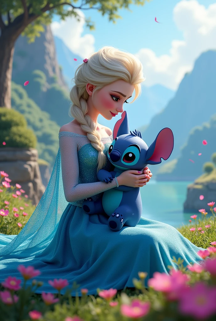 Elsa and Stitch sitting carrying Elsa carrying Stitch in a beautiful landscape and Elsa sitting as if they were in their own movie 