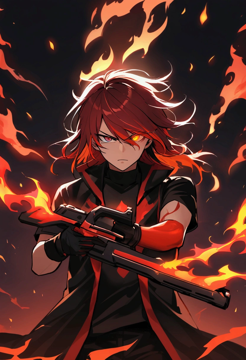 teenage boy, tidy hair, medium length hair, multicolored black and red hair, long bangs covering the left eye, fire colored eyes, serious face, black jersey, dark red loose-fitting short-sleeved overcoat, wearing gloves, red tattoos on the body, holding two black and red guns, fiery aura.