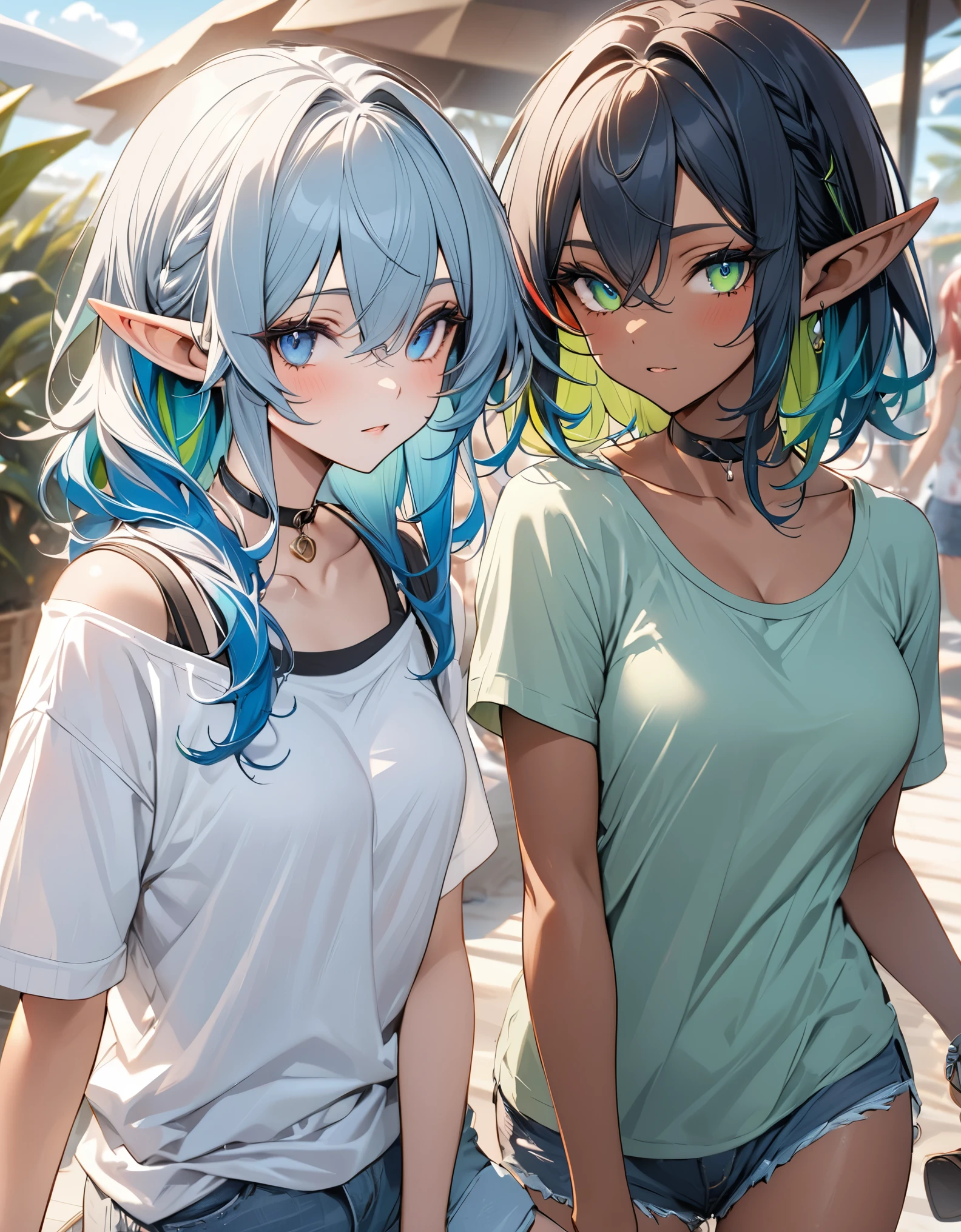 ((masterpiece)), ((best quality)), perfect detailed eyes, perfect detailed face, multicolored hair, colored inner hair, black hair, red hair, blue hair, green hair, long ponytail, elf, long pointy ears, Casual clothes, summer clothes, choker, dark skin, Two ladies holding hands