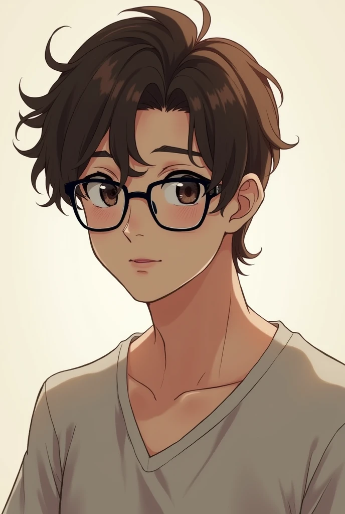Man, 2 brown hair, semi-wavy hair, brown eyes, black-framed glasses, expressionless look, half-length photograph, wearing a V-shirt, anime