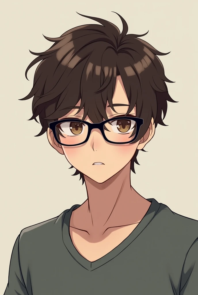 Man, 2 brown hair, semi-wavy hair, brown eyes, black-framed glasses, expressionless look, half-length photograph, wearing a V-shirt, anime