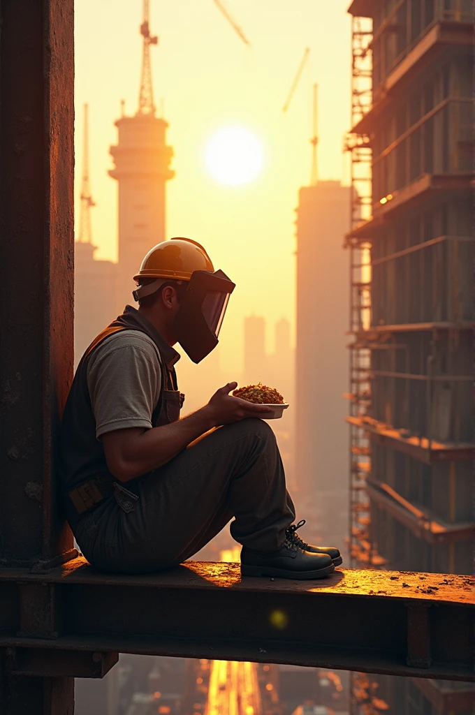 A welder eating in a very high construction site and a very hot sun