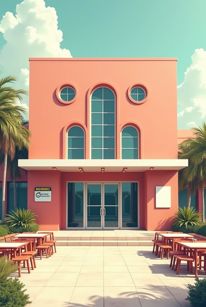 Image in architectural drawing style, unrealistic, fullcolor, em 2d ,of a large construction, beautiful rectangular, form of surplus, with 4 circular windows, casa de Events, with patio in front containing empty tables and chairs, feast no interior, with a small warning sign on the wall saying no drinks and another large sign like a blank sign for the concert venue , casa de show, feast, Events, glass doors and windows, feast acontecendo no interior 