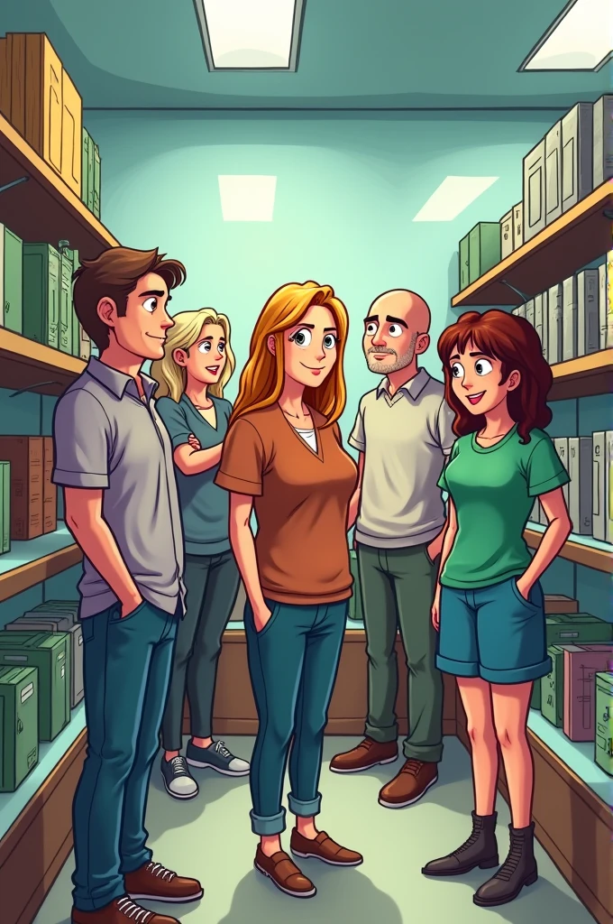 Create a group of 20 cell phone advisors in a store called Monterrey between men and women of different ages and physical aspects bald, by the wide, skinny, fat, tall, short people in cartoons