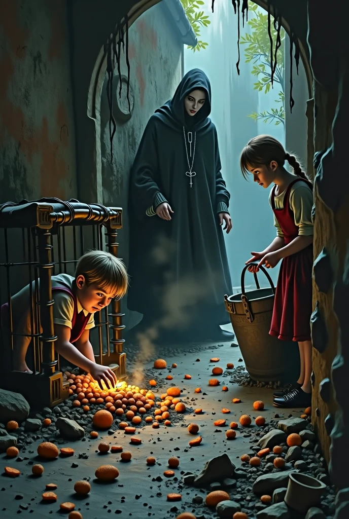 Hansel, trapped in a small, filthy cage, his face pale and eyes wide with terror. He is forced to eat food that is heaped in front of him, but his hands tremble as he reaches for it. Nearby, Gretel is forced to perform chores under the witch’s watchful eye. The atmosphere is oppressive, with the constant threat of violence hanging in the air